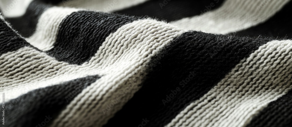 Poster black and white striped fabric texture close up with wavy folds and detailed knit pattern copy space