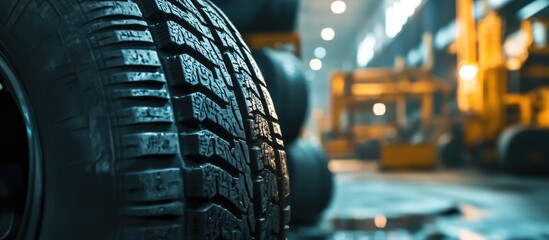 Close-up of a textured tire in an industrial warehouse with blurred background showing yellow machinery and ambient lighting Copy Space