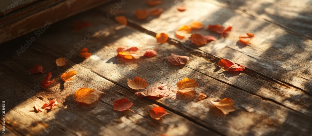 Poster autumn leaves scattered on wooden floor with warm sunlight creating shadows and textures, copy space