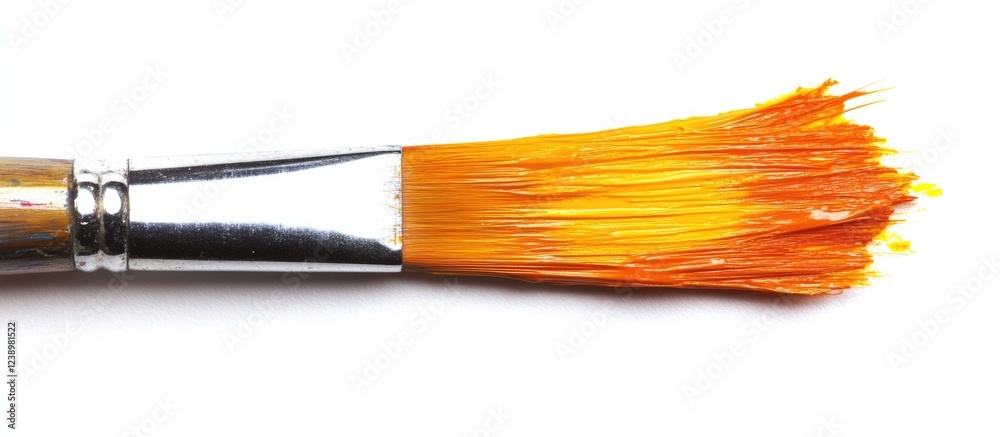 Poster detail shot of a paintbrush with bright orange bristles on a white background with copy space