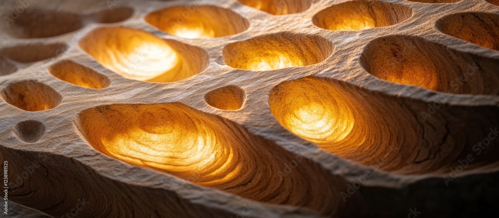 Aufkleber Close-up of textured wooden surface with carved shapes illuminated from within creating a warm glow and intricate patterns of light. Copy Space