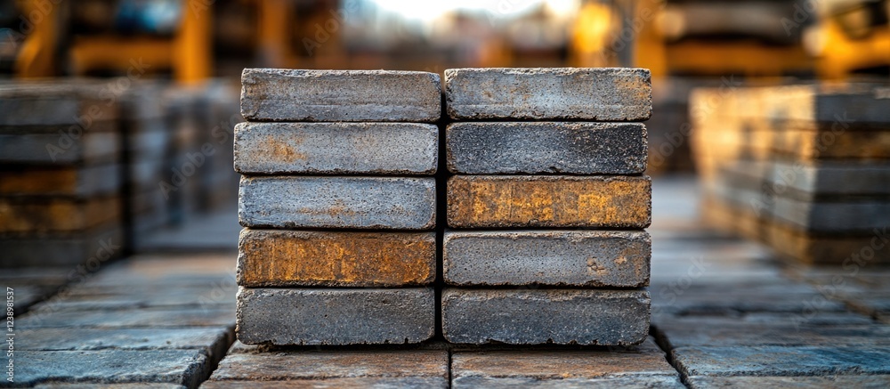 Poster stacked concrete paving stones in industrial setting with blurred background and golden light copy s