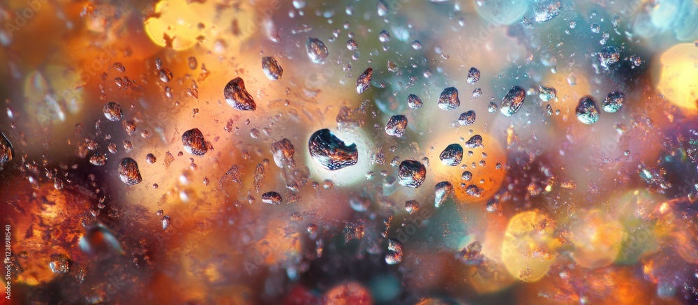 Aufkleber Water droplets on glass with colorful bokeh lights in the background creating an abstract pattern with Copy Space
