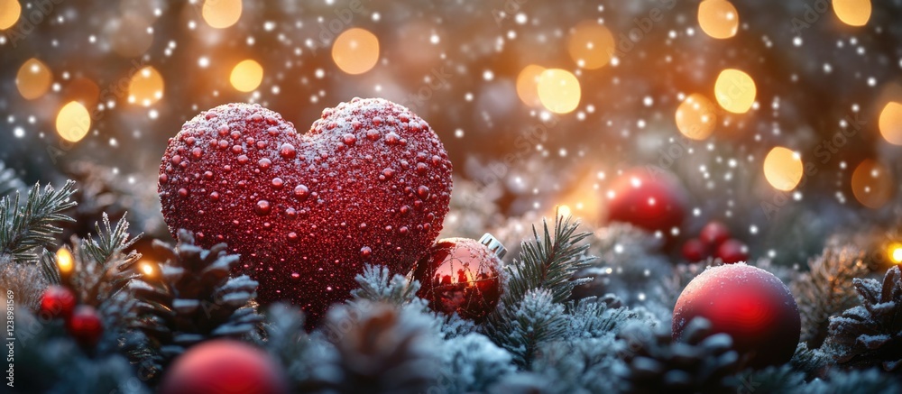 Poster red heart ornament covered in droplets surrounded by christmas decorations on a snowy pine branch ba