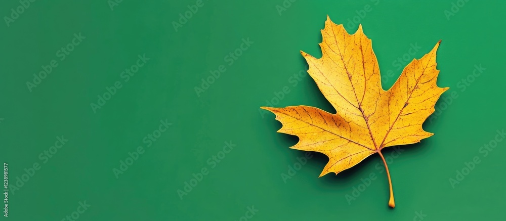 Aufkleber Yellow autumn maple leaf on a vibrant green background with ample copy space for text placement