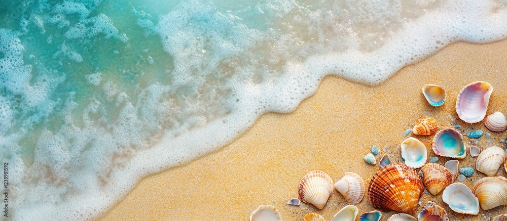 Poster seashells on sandy beach with turquoise water and gentle waves creating a tranquil coastal scene cop