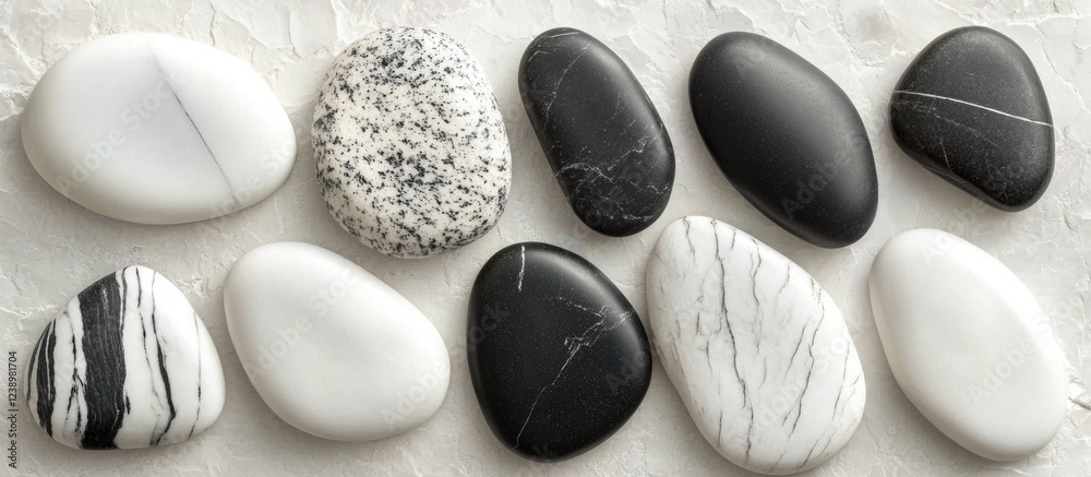 Aufkleber Smooth polished black and white stones arranged on a textured surface with contrasting colors and patterns Copy Space