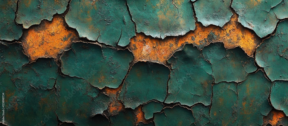 Poster Aged green and orange textured wall with peeling paint and rust visible, abstract background with copy space