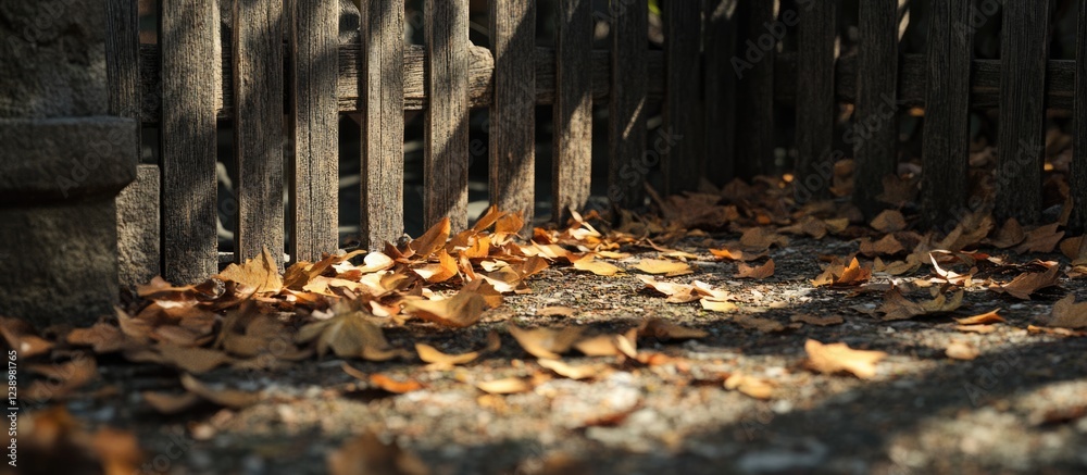 Poster autumn leaves scattered on the ground near a wooden fence with shadows creating a textured natural s