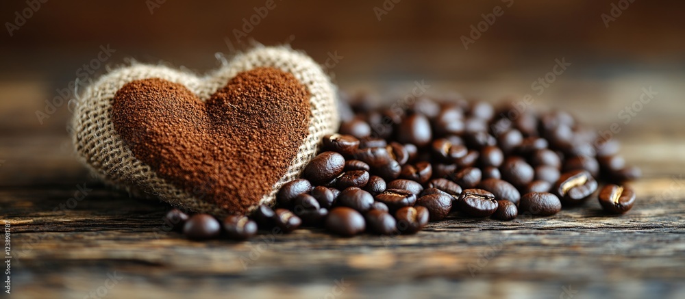 Poster coffee beans with a heart-shaped felt decoration on wooden background with copy space for text.