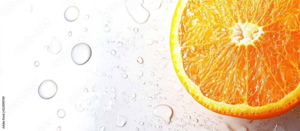 Poster Fresh orange slice with water droplets on a textured surface including copy space for text placement