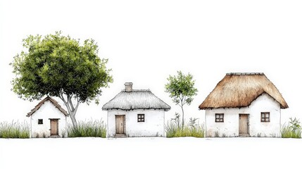Fototapeta premium Charming Illustration of Traditional Houses Surrounded by Trees and Grass in a Minimalist Style