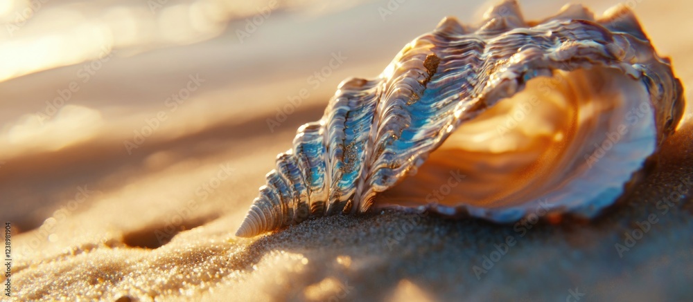 Aufkleber Close-up of a beautiful seashell on sandy beach at sunset with shallow depth of field and soft warm light Copy Space
