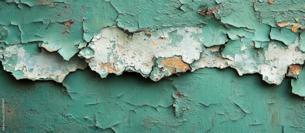 Aufkleber Peeling turquoise paint texture on a wall with rough surface and exposed layers creating a weathered and aged appearance