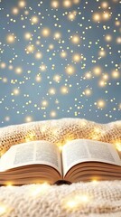 An open book on a cozy blanket, surrounded by twinkling lights against a soft blue background, creating a magical, inviting atmosphere.