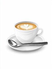 Latte art heart, coffee cup, saucer, spoon, white background, cafe menu