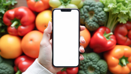 in his hand is a phone with a white screen on a background of vegetables and fruits