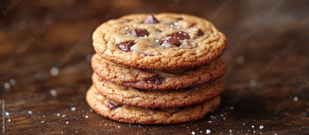 Poster chocolate chip cookies stacked on a wooden table with a sprinkle of sea salt in the foreground copy 