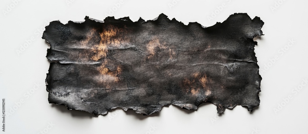 Poster Burnt paper texture with jagged edges and dark tones on a white background with copy space for text placement