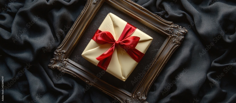 Aufkleber Present in ornate frame on dark fabric background with copy space for text