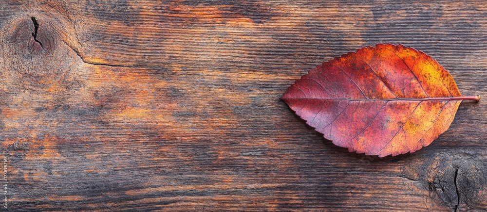 Poster autumn leaf on rustic wooden surface with natural grain patterns and warm colors copy space