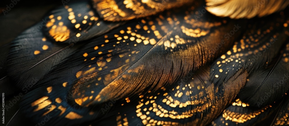 Poster Close-up of black and gold feathers with intricate patterns and textures, dark background, suitable for wallpaper and artistic designs. Copy Space