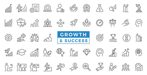 Growth and success line icons collection. Business success, development, plan and process symbol icon set vector illustration.