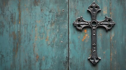 Rustic teal wooden background with ornate black iron cross decoration on the side. Copy Space available.
