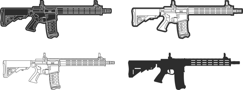 A black silhouette with cut-out contours of an AR-15 assault rifle in the stock version with a mechanical sight.