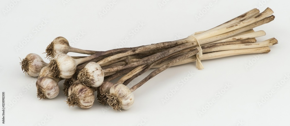 Poster bunch of fresh garlic bulbs tied together on a plain background with focus on roots and stalks copy 