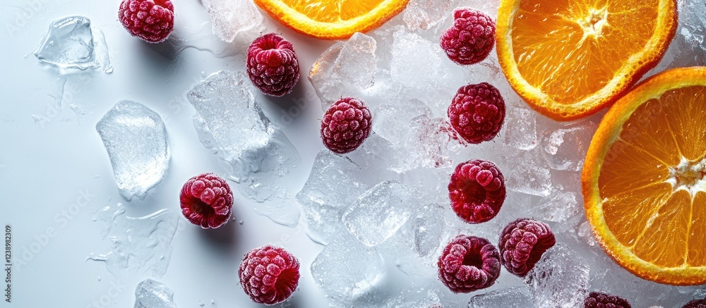 Poster Fresh raspberries and orange slices on ice cubes with a light background and copy space