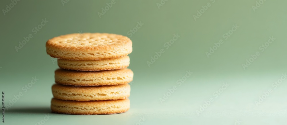 Poster Stacked round butter cookies on a light green background with Copy Space for text placement