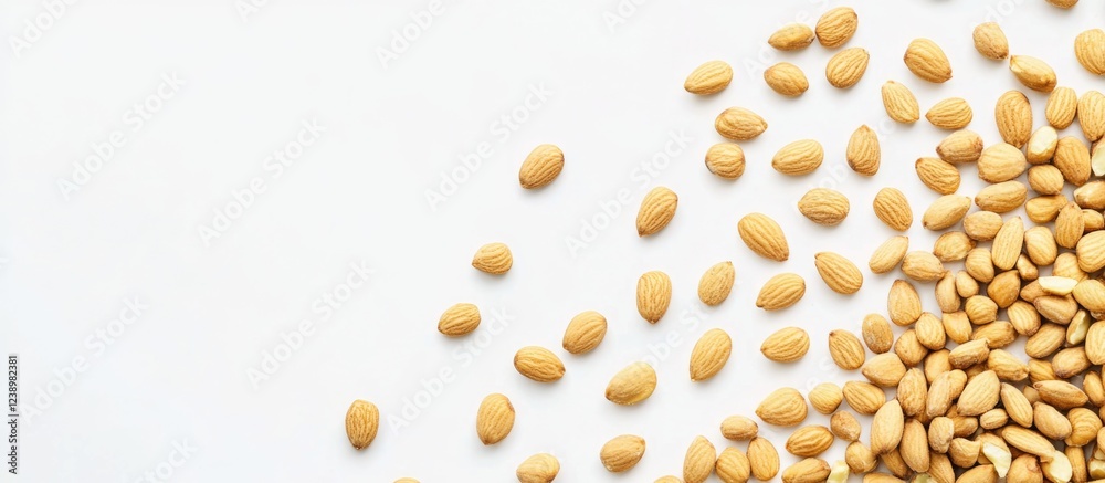 Poster Almond nuts scattered on a white background with Copy Space for text placement