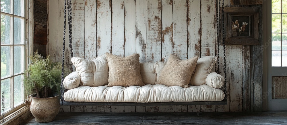 Poster rustic interior design with a white swing sofa adorned with pillows against a distressed wooden wall