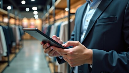 Obraz premium Retail manager using tablet for stock management in modern store setting