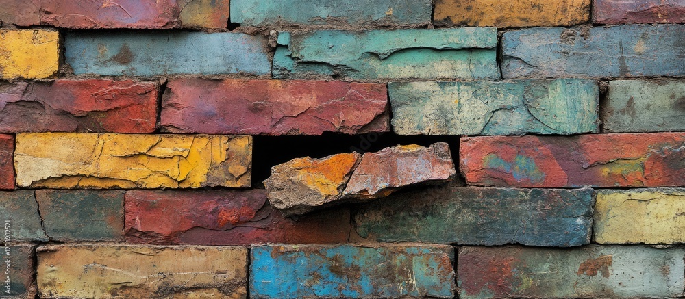 Poster colorful cracked brick wall with uneven texture and missing brick providing copy space for text plac