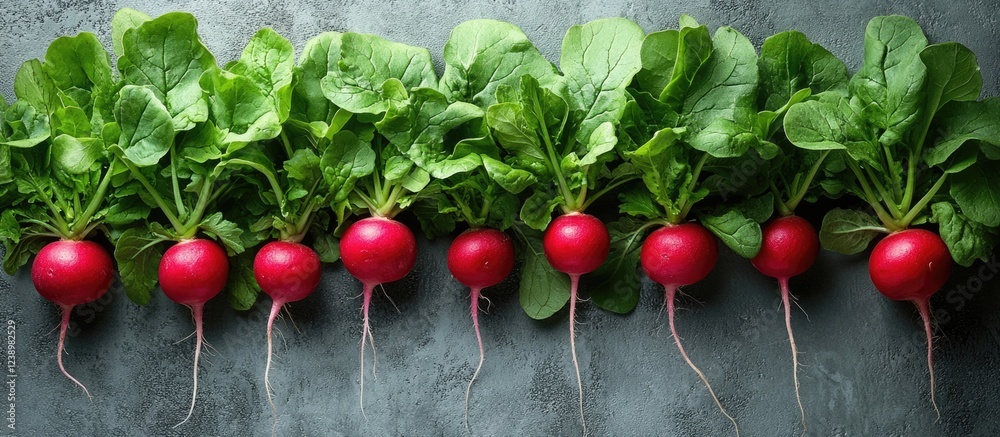 Poster fresh radishes with green leaves arranged in a row on a textured surface with natural lighting copy 