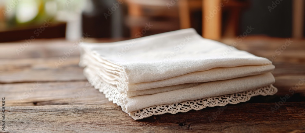 Poster folded linen napkins with lace trim on wooden table background featuring natural light and rustic de