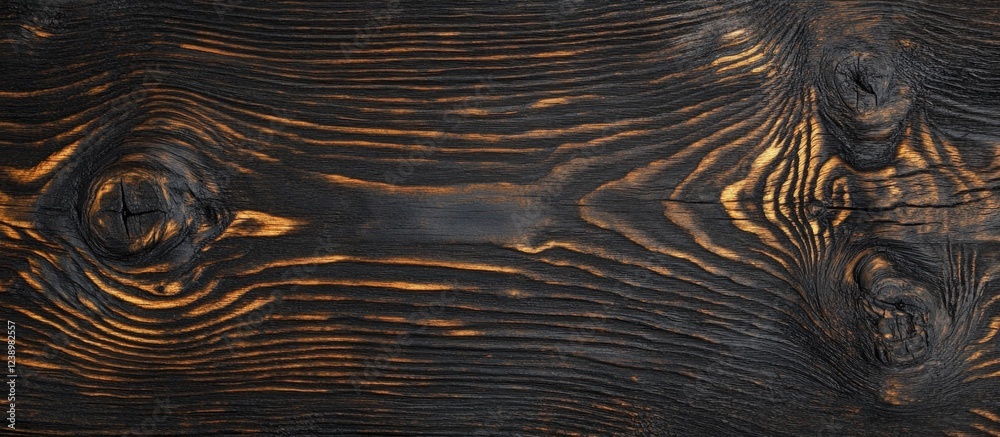 Aufkleber Burnt black wooden texture background with visible grain patterns and knots suitable for various design applications. Copy Space