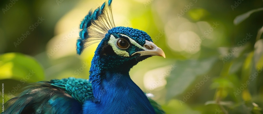Poster Close-up portrait of a peacock displaying vibrant blue and green feathers with blurred natural background and copy space for text.