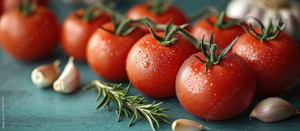 Poster fresh ripe red tomatoes with droplets of water surrounded by garlic cloves and rosemary on a rustic 