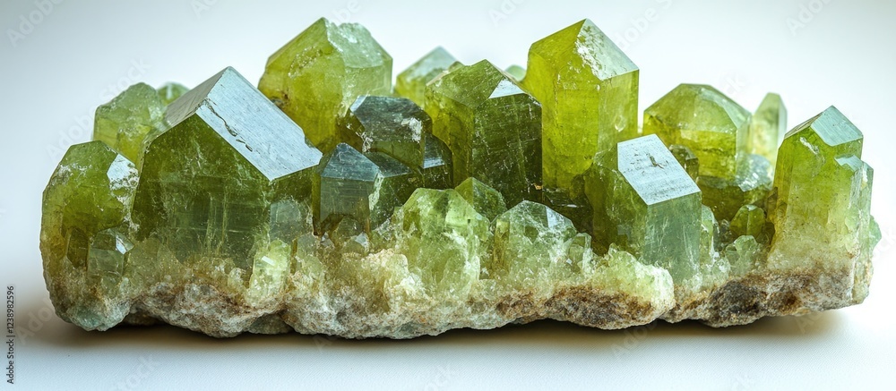 Aufkleber Green crystal formations with pointed structures on a neutral background displaying natural mineral texture and details. Copy Space