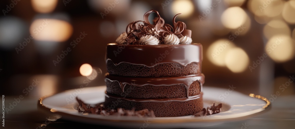 Aufkleber Chocolate layer cake with decorative cream and chocolate curls on a white plate against a blurred background with warm lights Copy Space