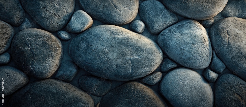 Poster Textured arrangement of smooth stones in various sizes and shades creating a natural background surface ideal for design projects Copy Space
