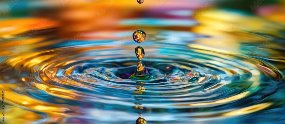 Aufkleber Water drop creating ripples on colorful reflective surface with abstract background and room for text