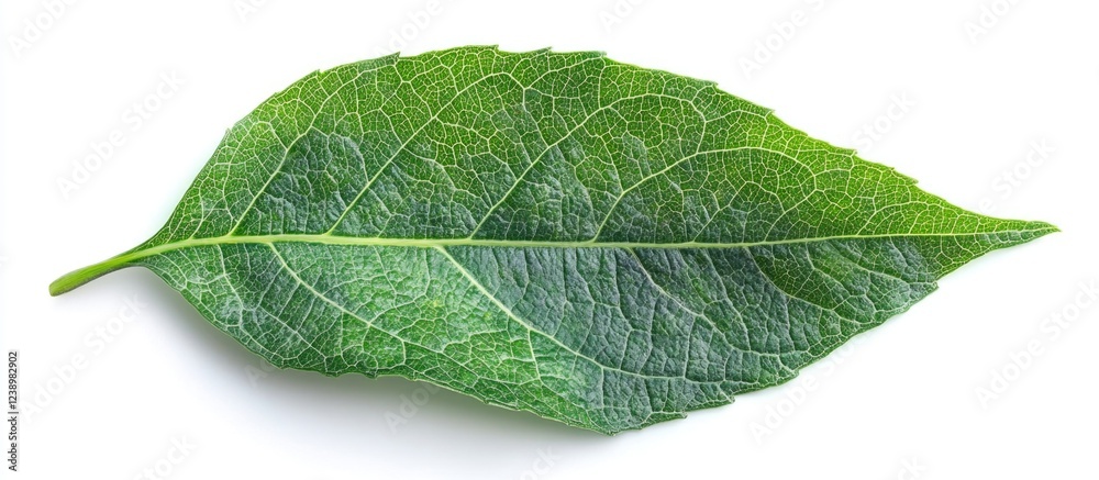 Poster Close-up view of a green leaf showcasing detailed vein structure and texture with white background and ample Copy Space