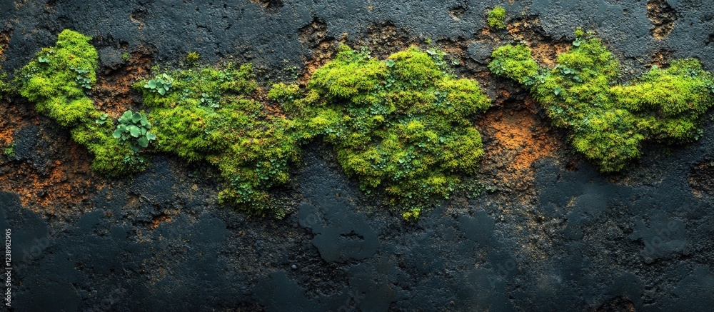 Aufkleber Moss and lichen growth on a textured black surface with rust accents creating a natural pattern and contrast in colors Copy Space