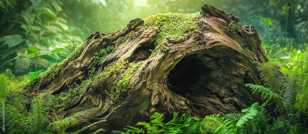 Aufkleber Moss-covered tree stump surrounded by lush ferns in a dense forest setting with soft sunlight filtering through trees Copy Space