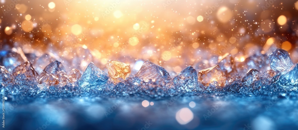 Aufkleber Ice and water close-up with sparkling bokeh background in warm golden and blue tones with Copy Space for text placement