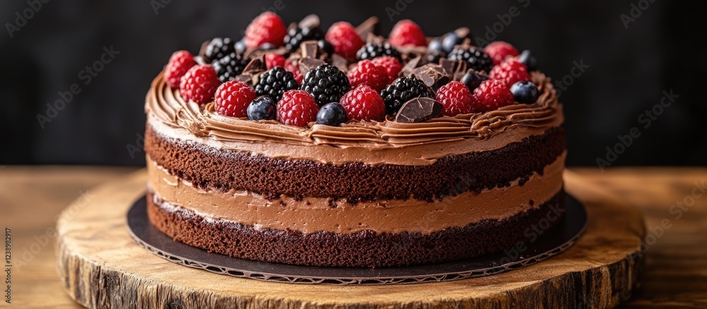 Poster chocolate cake topped with fresh berries and chocolate shavings on a wooden table with dark backgrou